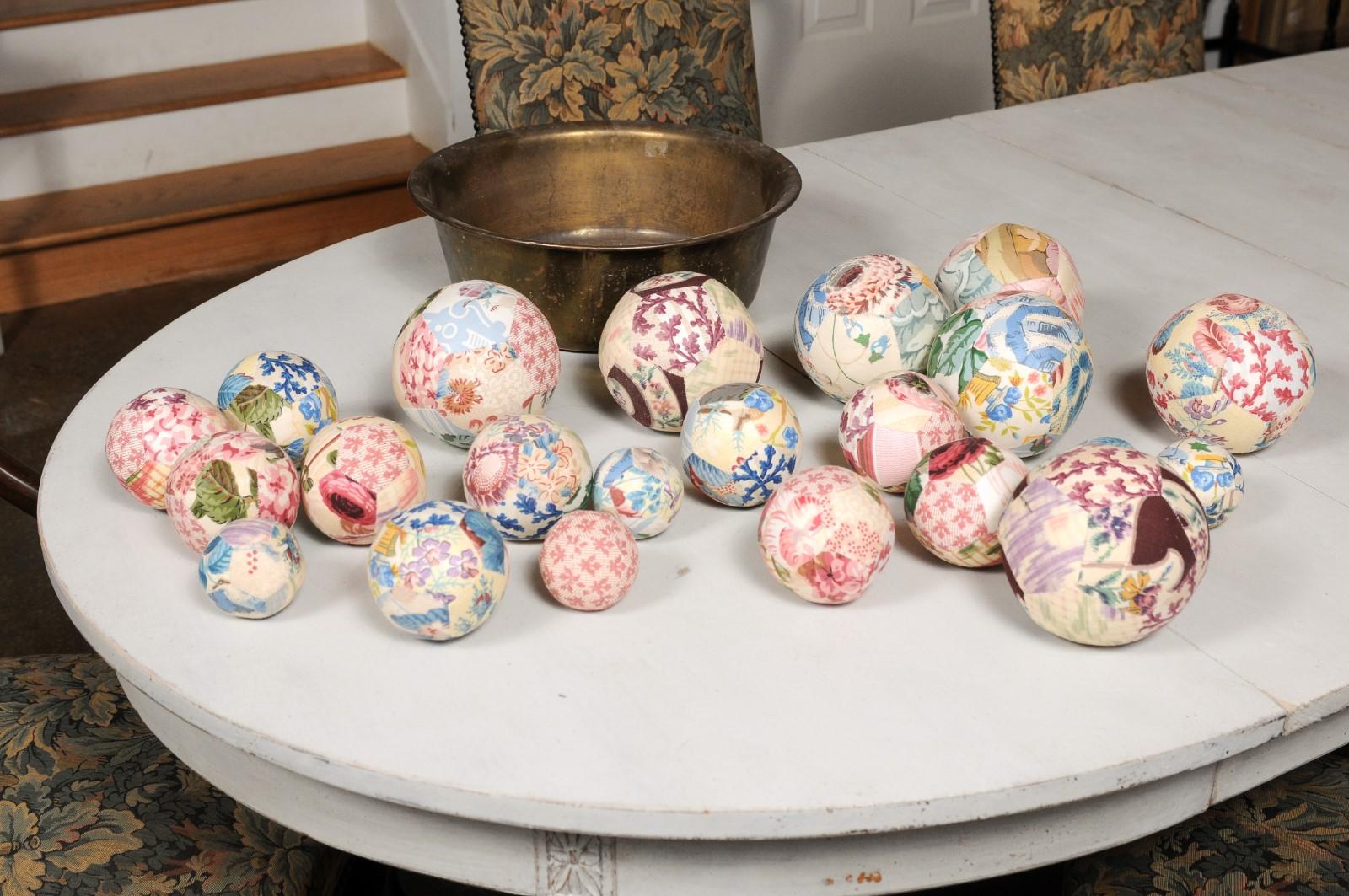 Set of French Vintage Colorful Cloth Balls Displayed in Antique Brass Bowl 6