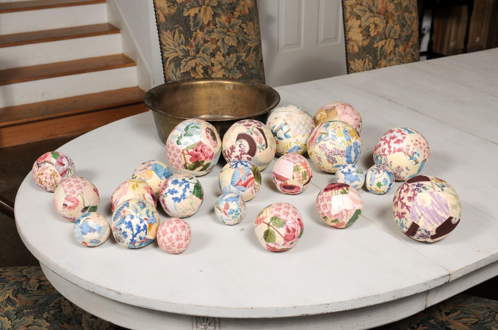 Set of French Vintage Colorful Cloth Balls Displayed in Antique Brass Bowl 7