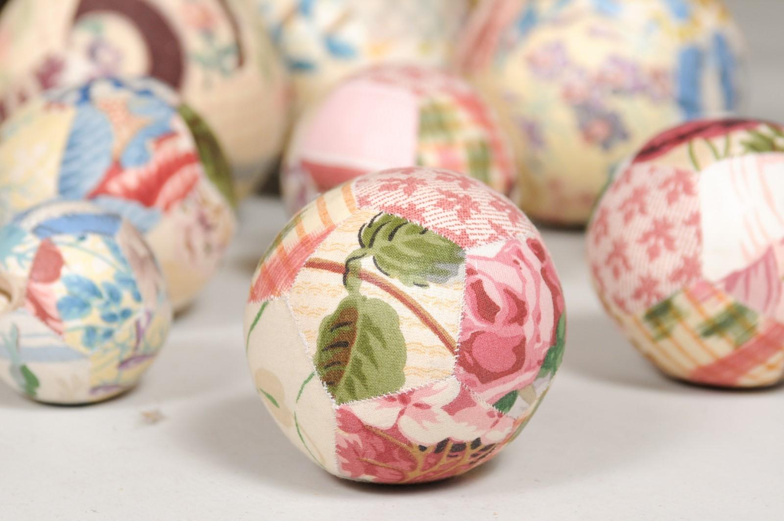Set of French Vintage Colorful Cloth Balls Displayed in Antique Brass Bowl 8