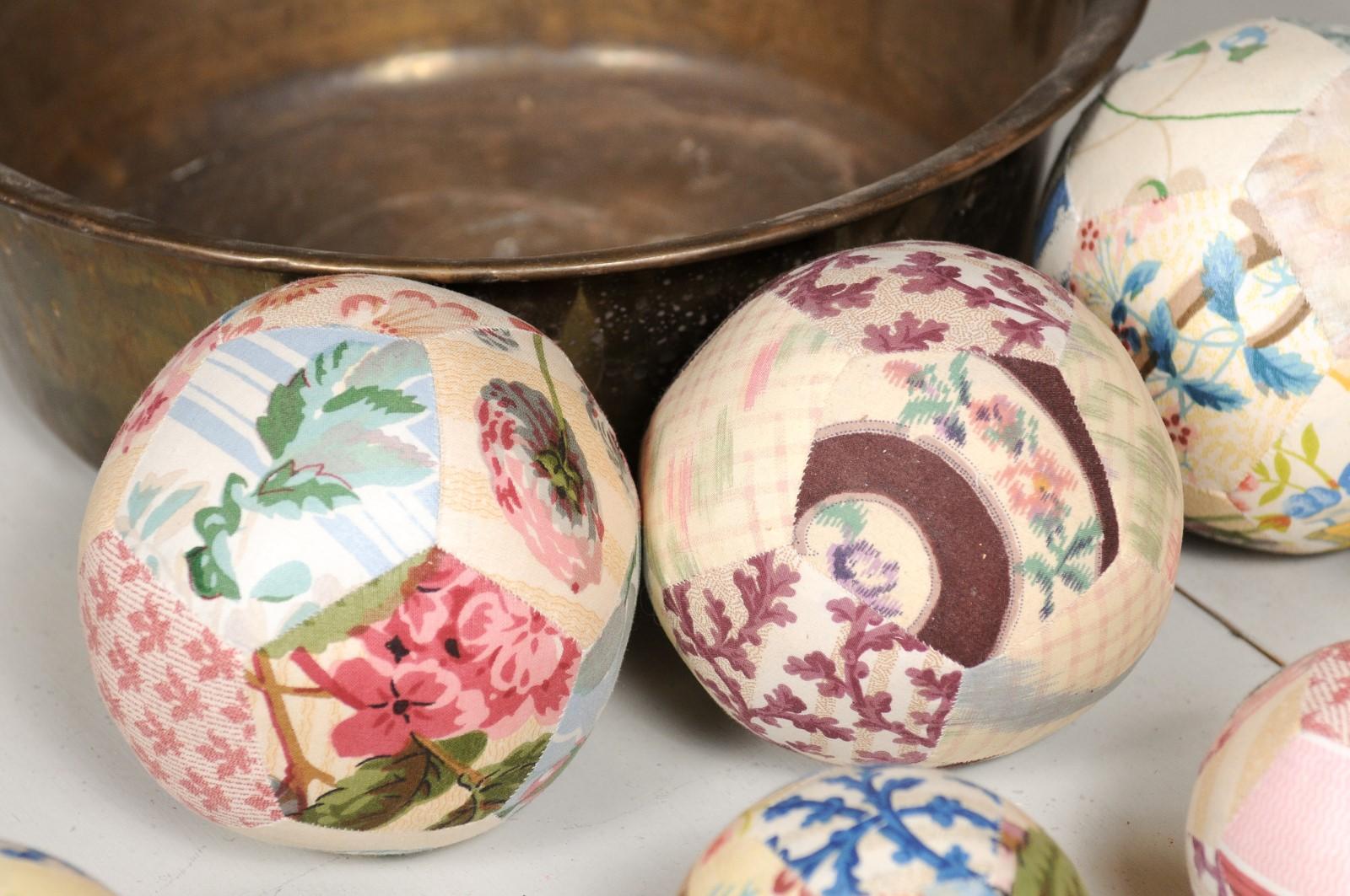 Set of French Vintage Colorful Cloth Balls Displayed in Antique Brass Bowl 9