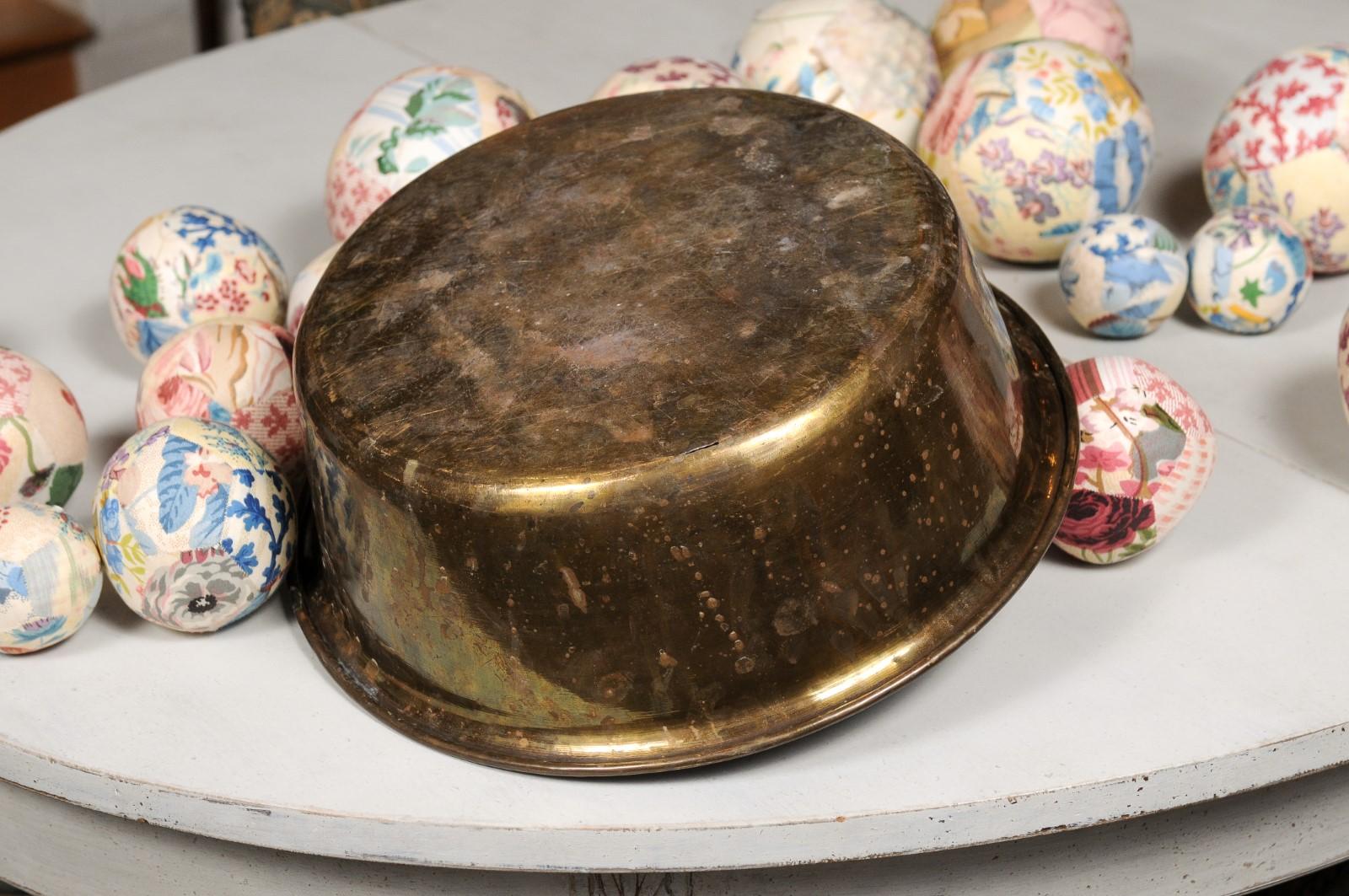 Set of French Vintage Colorful Cloth Balls Displayed in Antique Brass Bowl 10