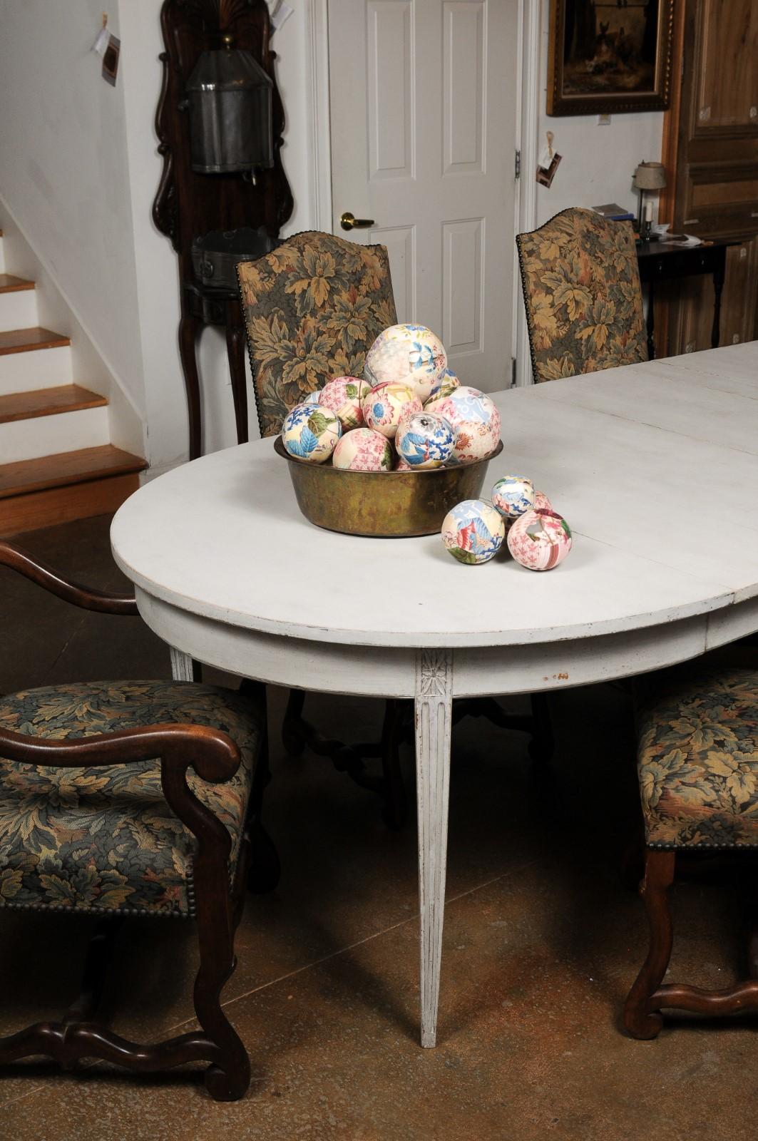 Set of French Vintage Colorful Cloth Balls Displayed in Antique Brass Bowl In Good Condition In Atlanta, GA