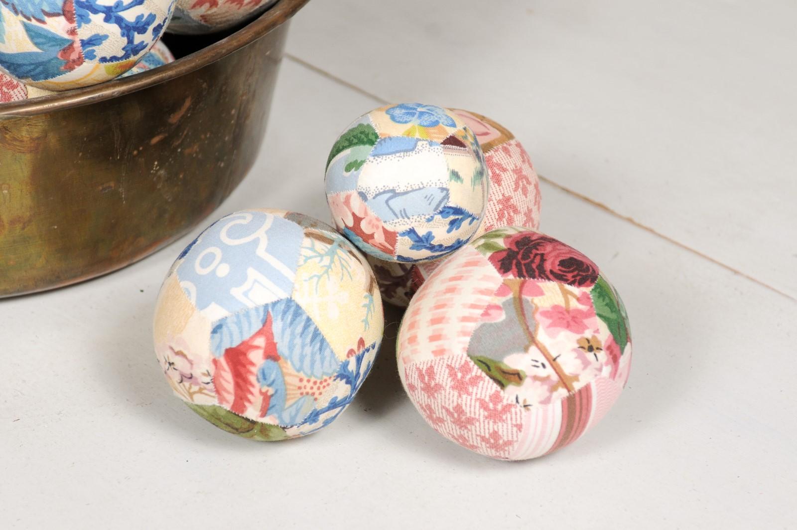 20th Century Set of French Vintage Colorful Cloth Balls Displayed in Antique Brass Bowl
