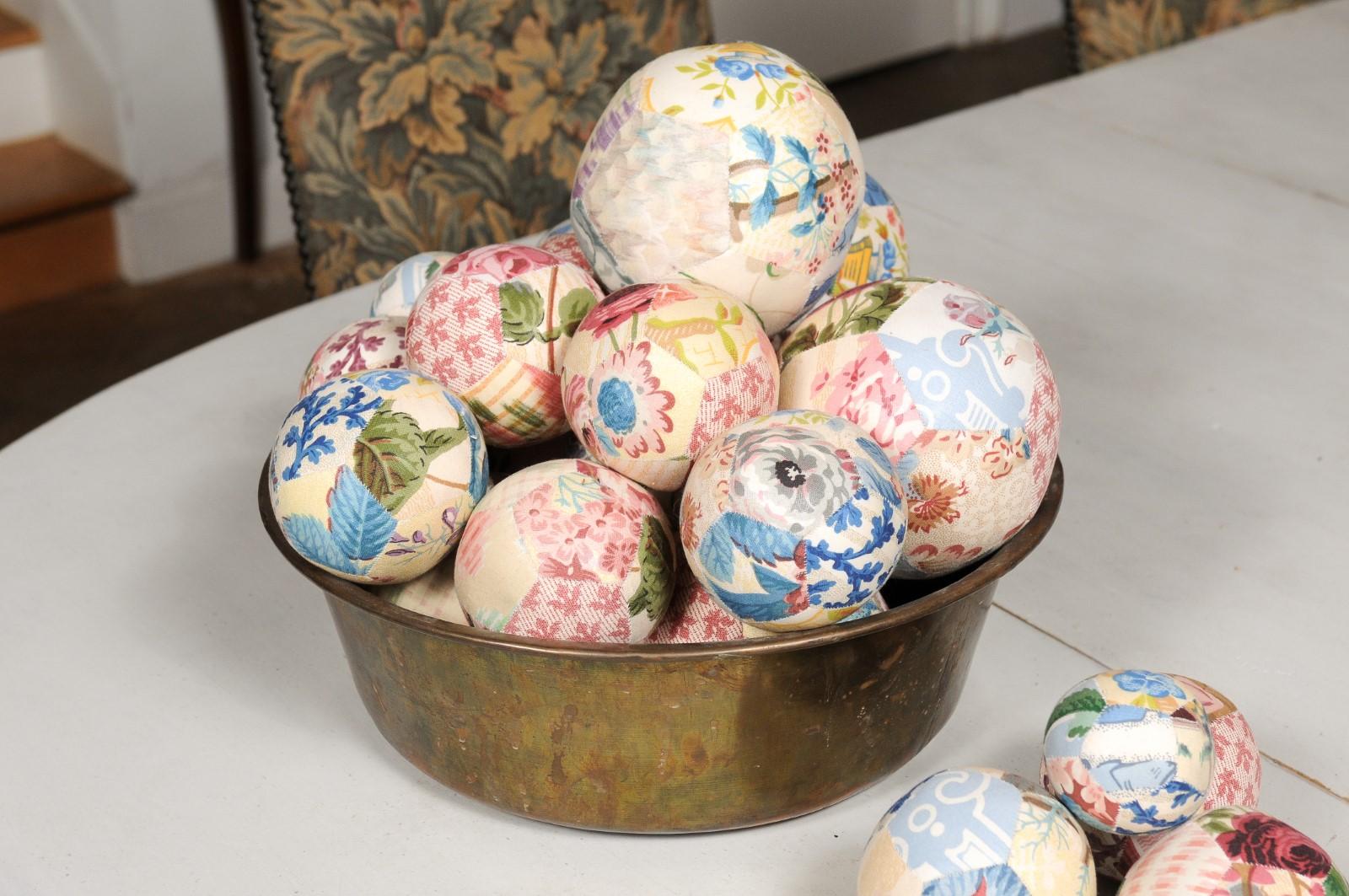 Set of French Vintage Colorful Cloth Balls Displayed in Antique Brass Bowl 1