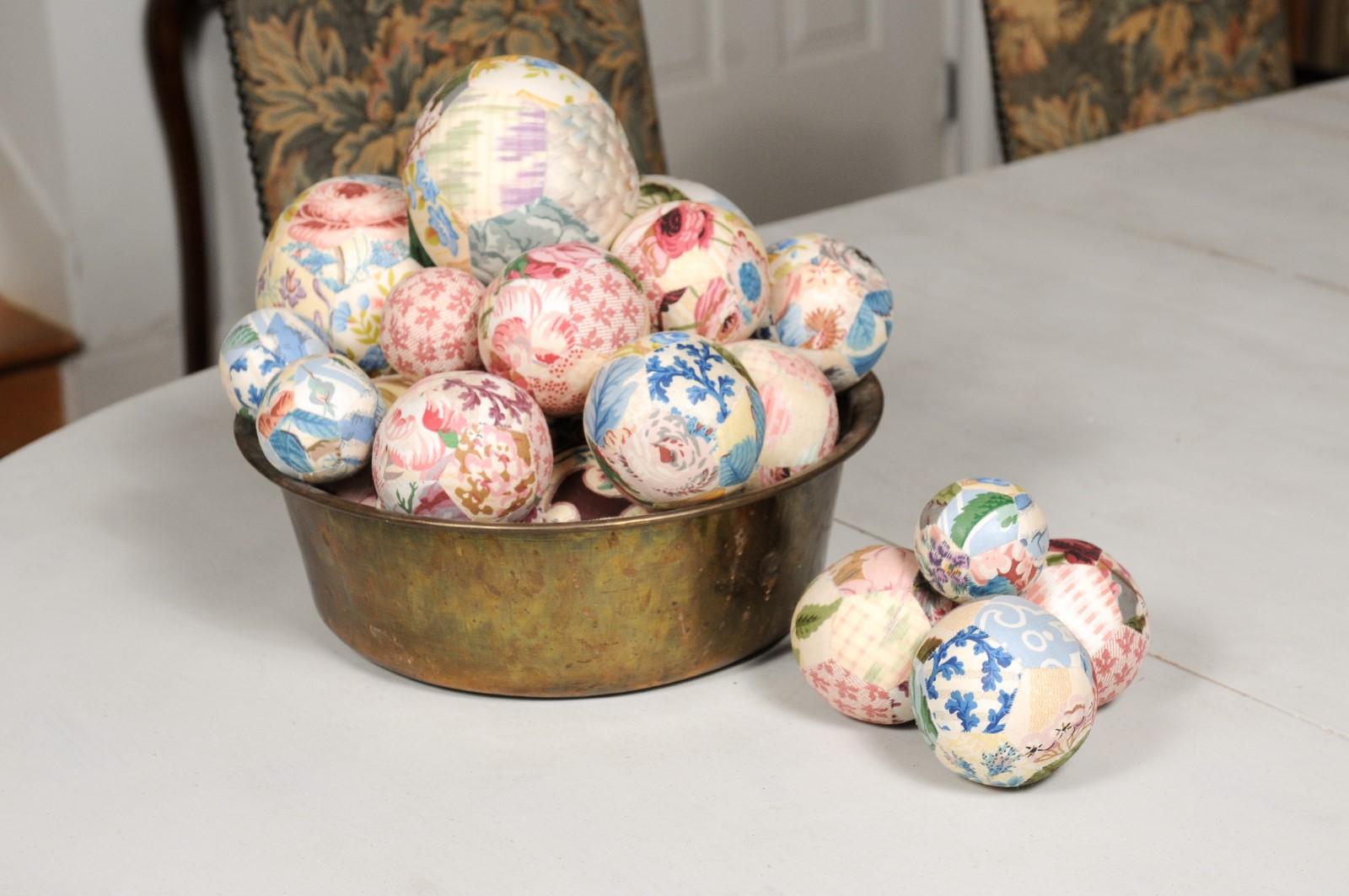 Set of French Vintage Colorful Cloth Balls Displayed in Antique Brass Bowl 2