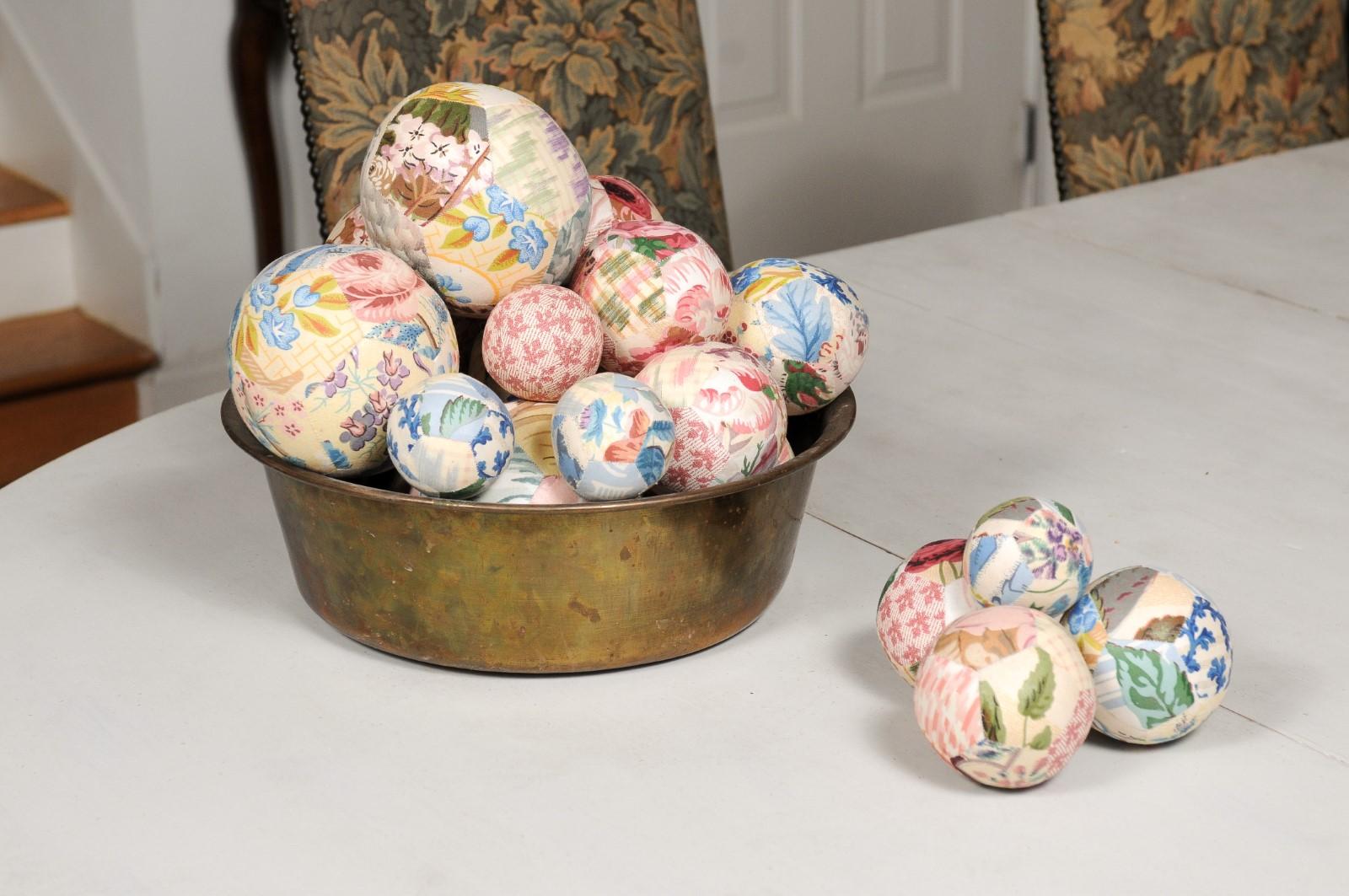 Set of French Vintage Colorful Cloth Balls Displayed in Antique Brass Bowl 3
