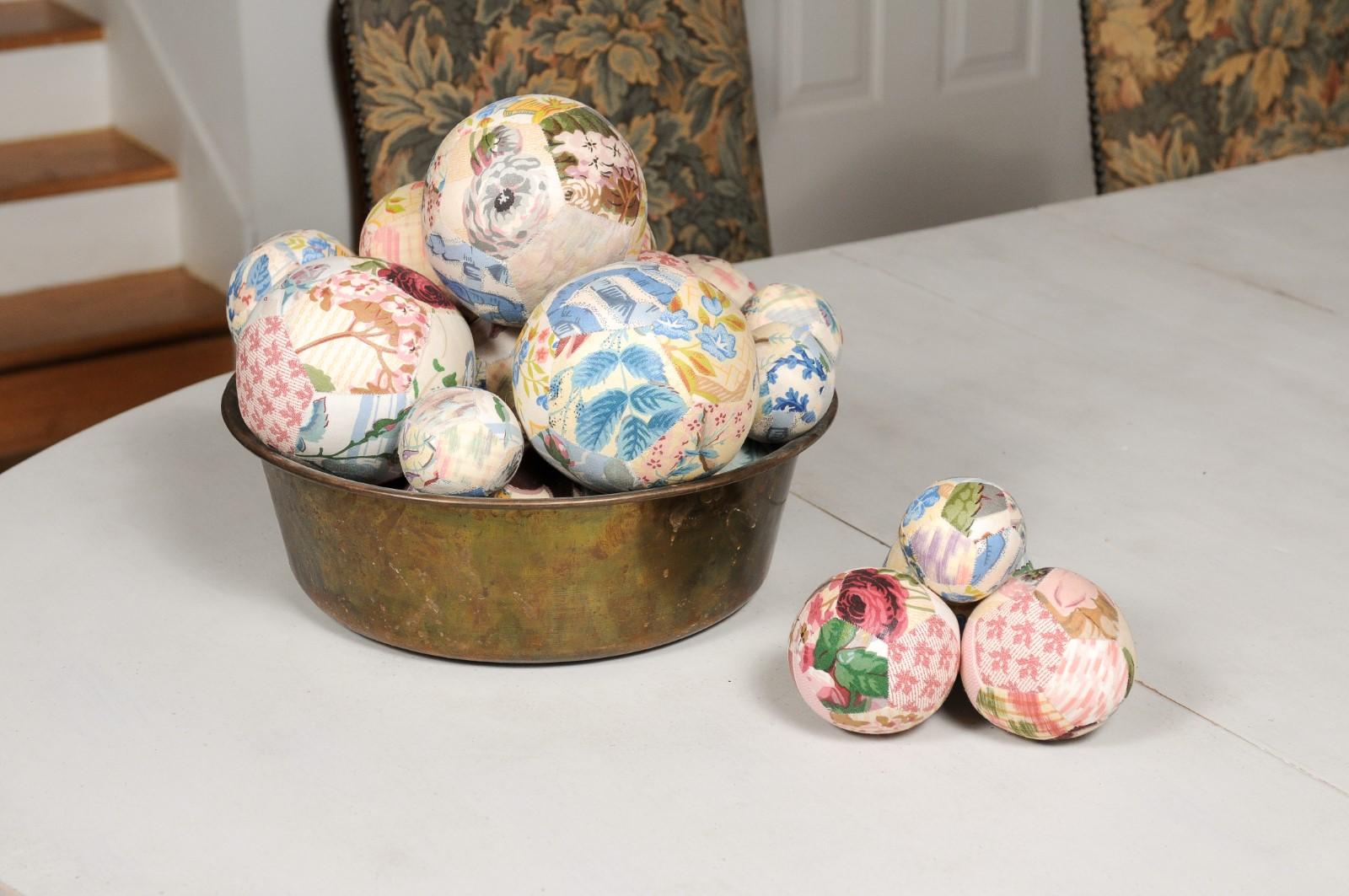 Set of French Vintage Colorful Cloth Balls Displayed in Antique Brass Bowl 4