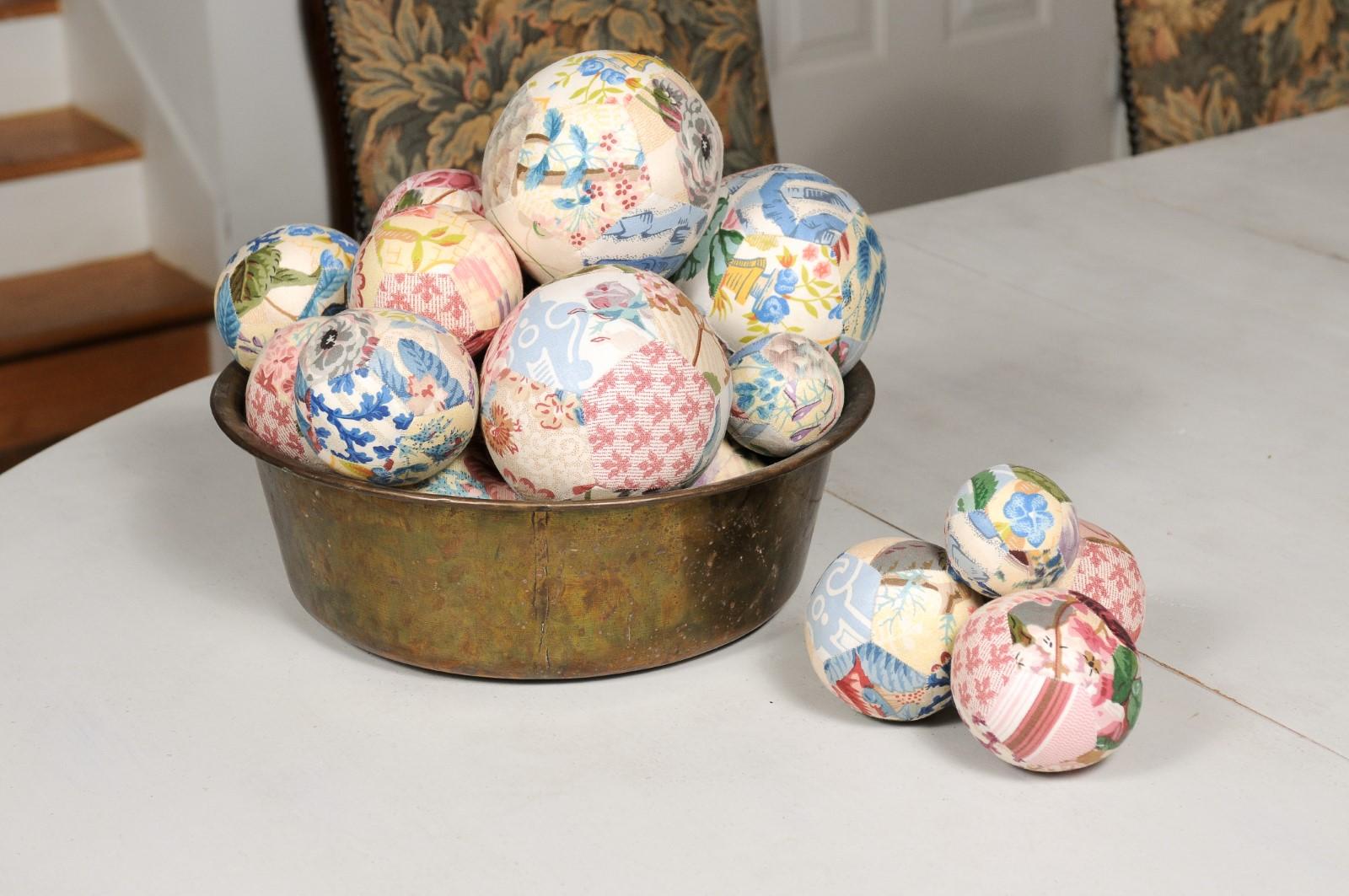 Set of French Vintage Colorful Cloth Balls Displayed in Antique Brass Bowl 5