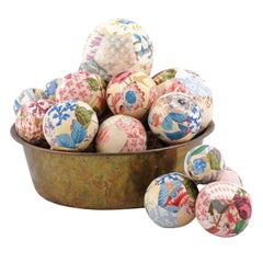 Set of French Vintage Colorful Cloth Balls Displayed in Antique Brass Bowl