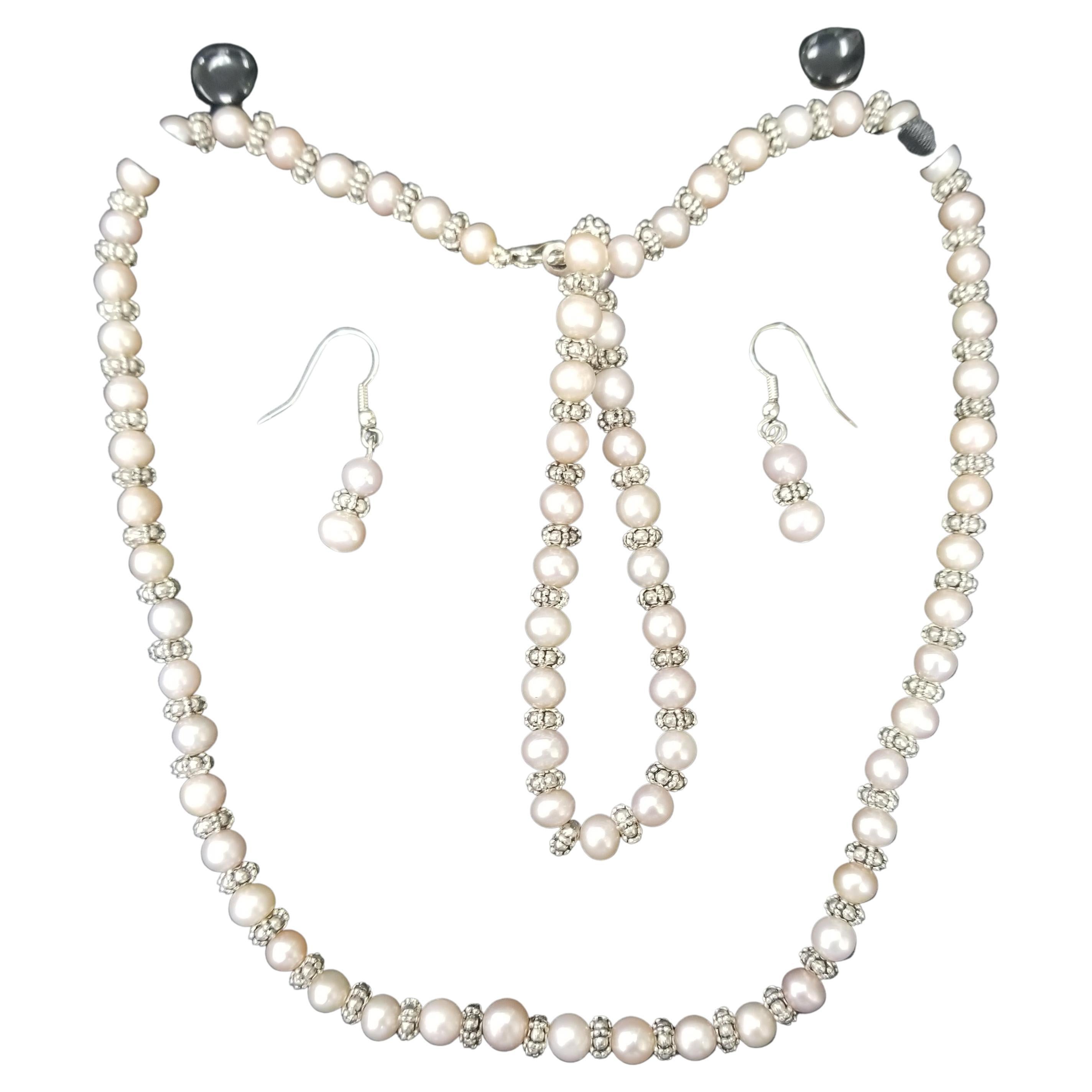 Set of Fresh Water Pink Cultured Pearls Necklace Bracelet and Earrings w Rondel For Sale