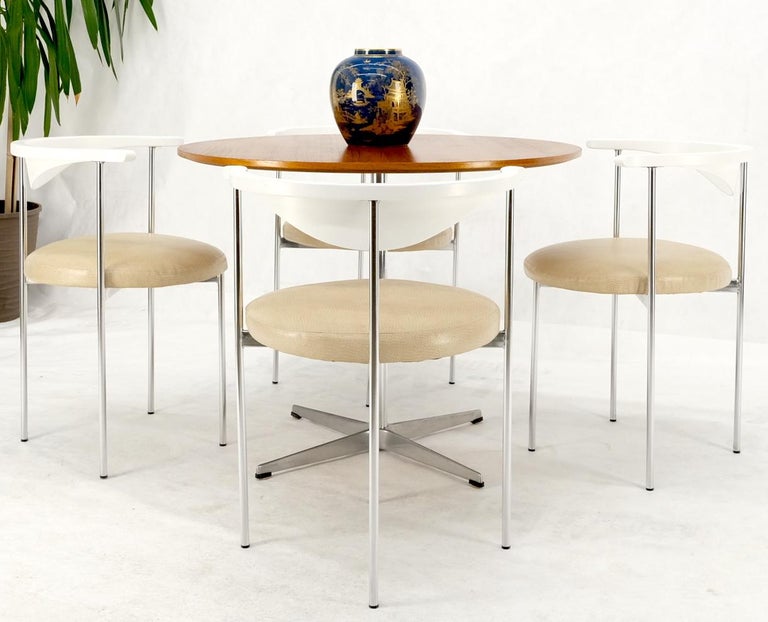 Upholstery Set of Fritz Hansen Round Teak Dining Table & 4 Barrel Back Arm Chairs For Sale