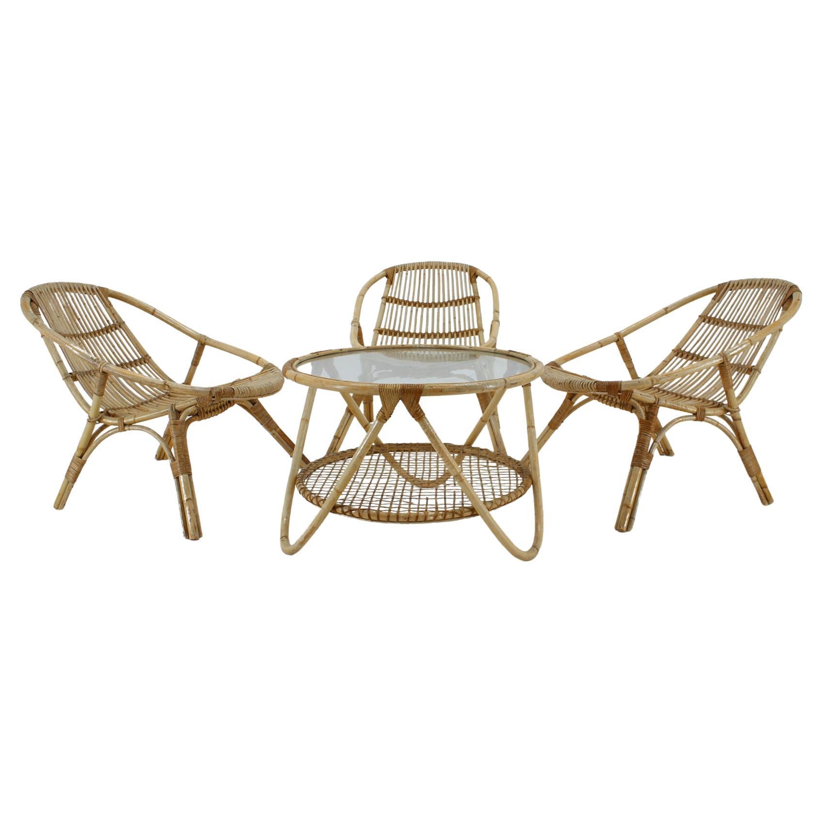 Set of Garden or Interior Rattan Table and Three Armchairs by Alan Fuchs, 1970s