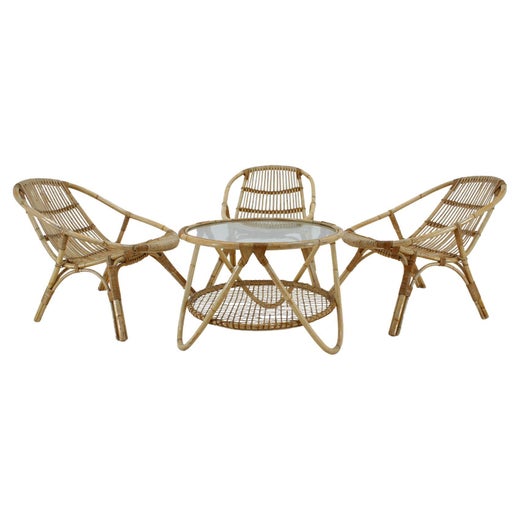 Set of Garden or Interior Rattan Table and Three Armchairs by Alan Fuchs,  1970s For Sale at 1stDibs