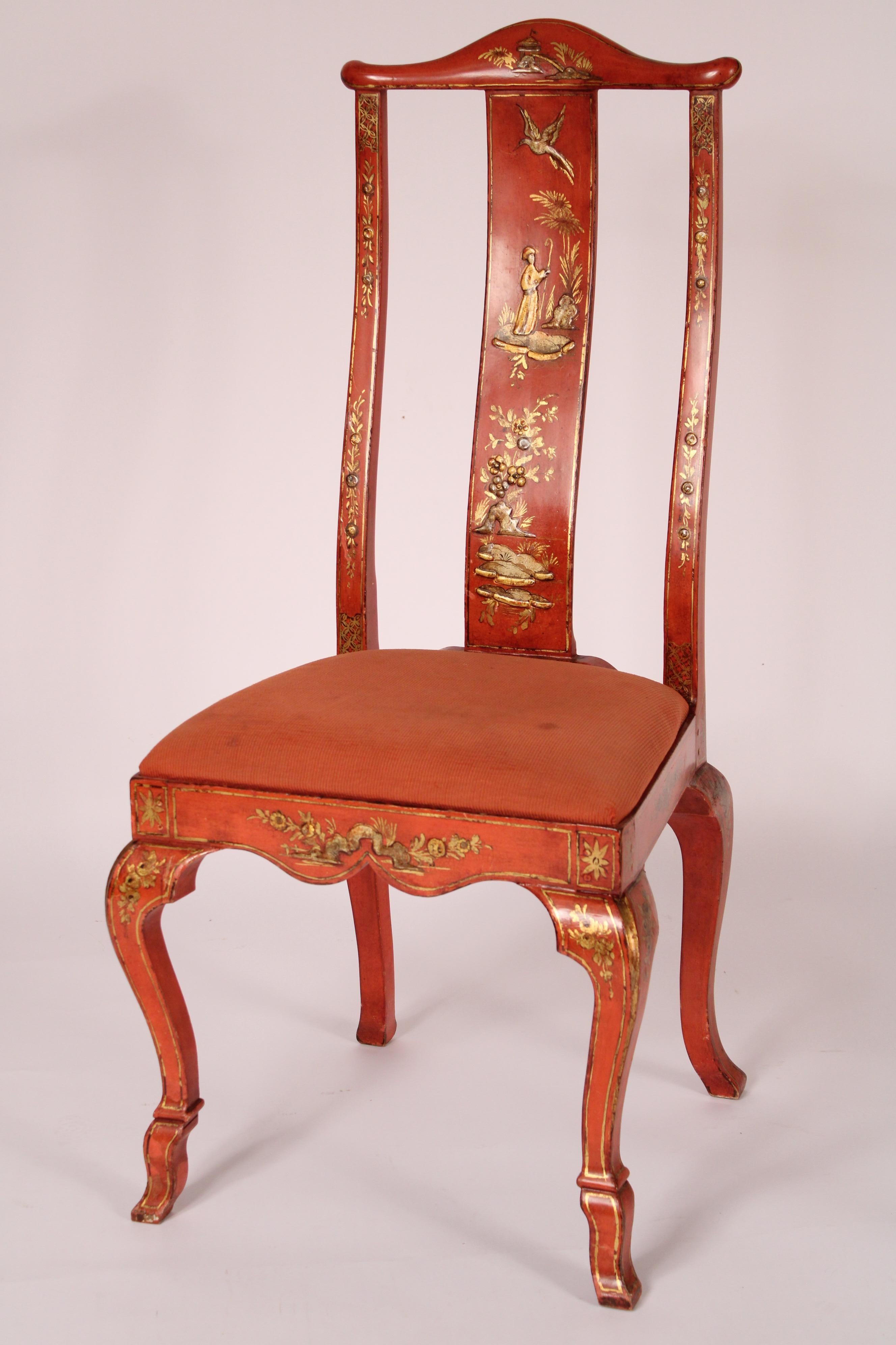 Set of 6 George I Style Red Chinoiserie Decorated Dining Room Chairs In Good Condition In Laguna Beach, CA