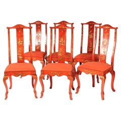 Juego de 6 Sillas de Comedor Decoradas con Chinoiserie Roja Estilo Jorge I