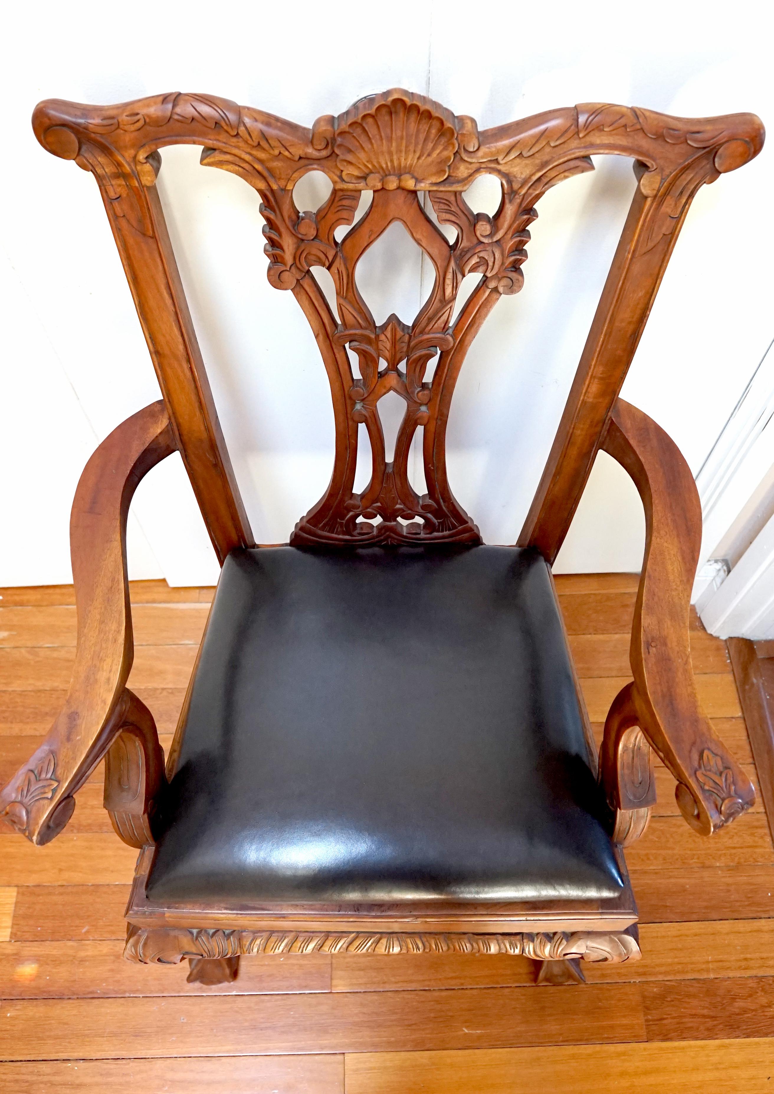 Leather and Mahogany Hand Carved Chippendale Style Set of George III Armchairs For Sale 9