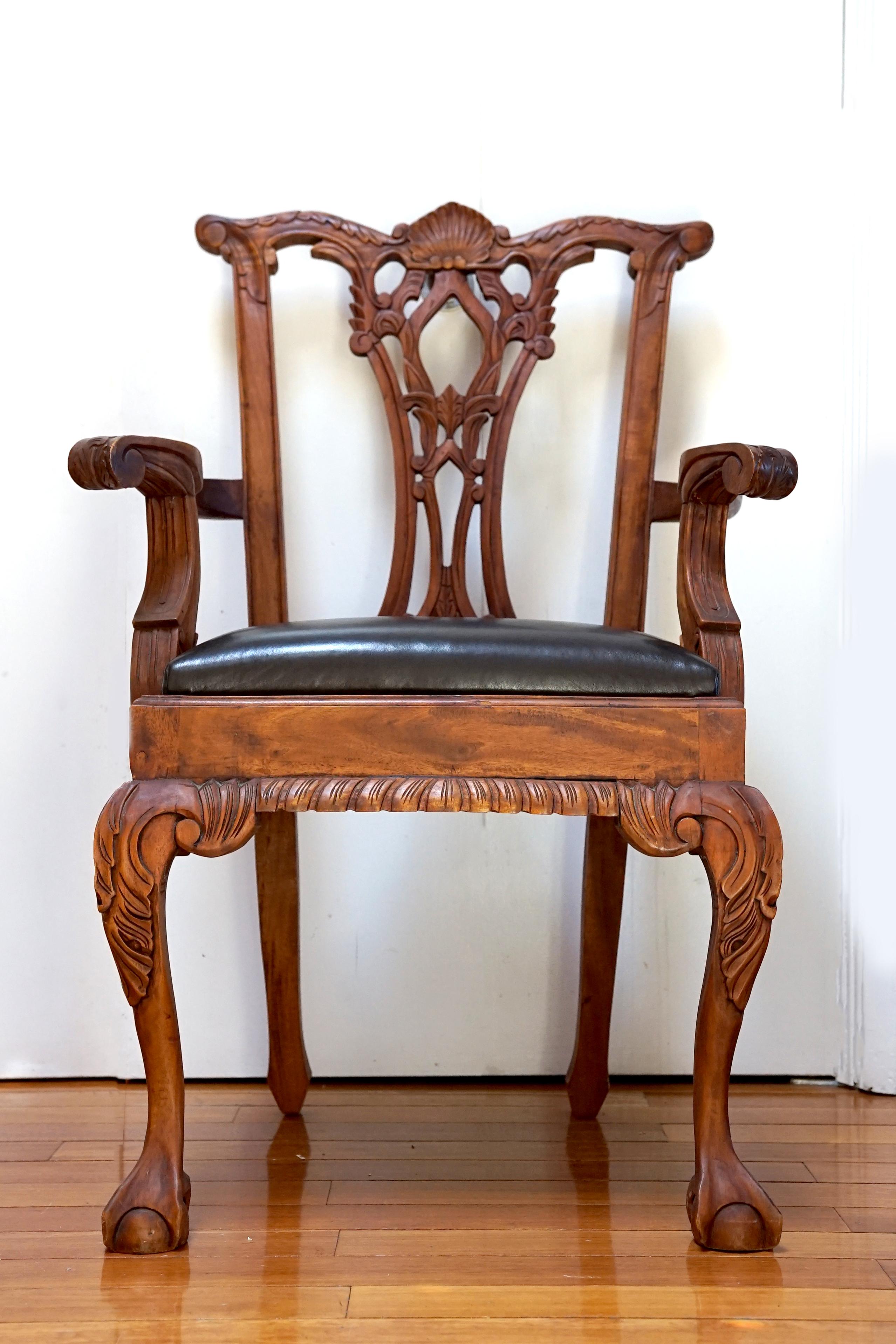 American Leather and Mahogany Hand Carved Chippendale Style Set of George III Armchairs For Sale