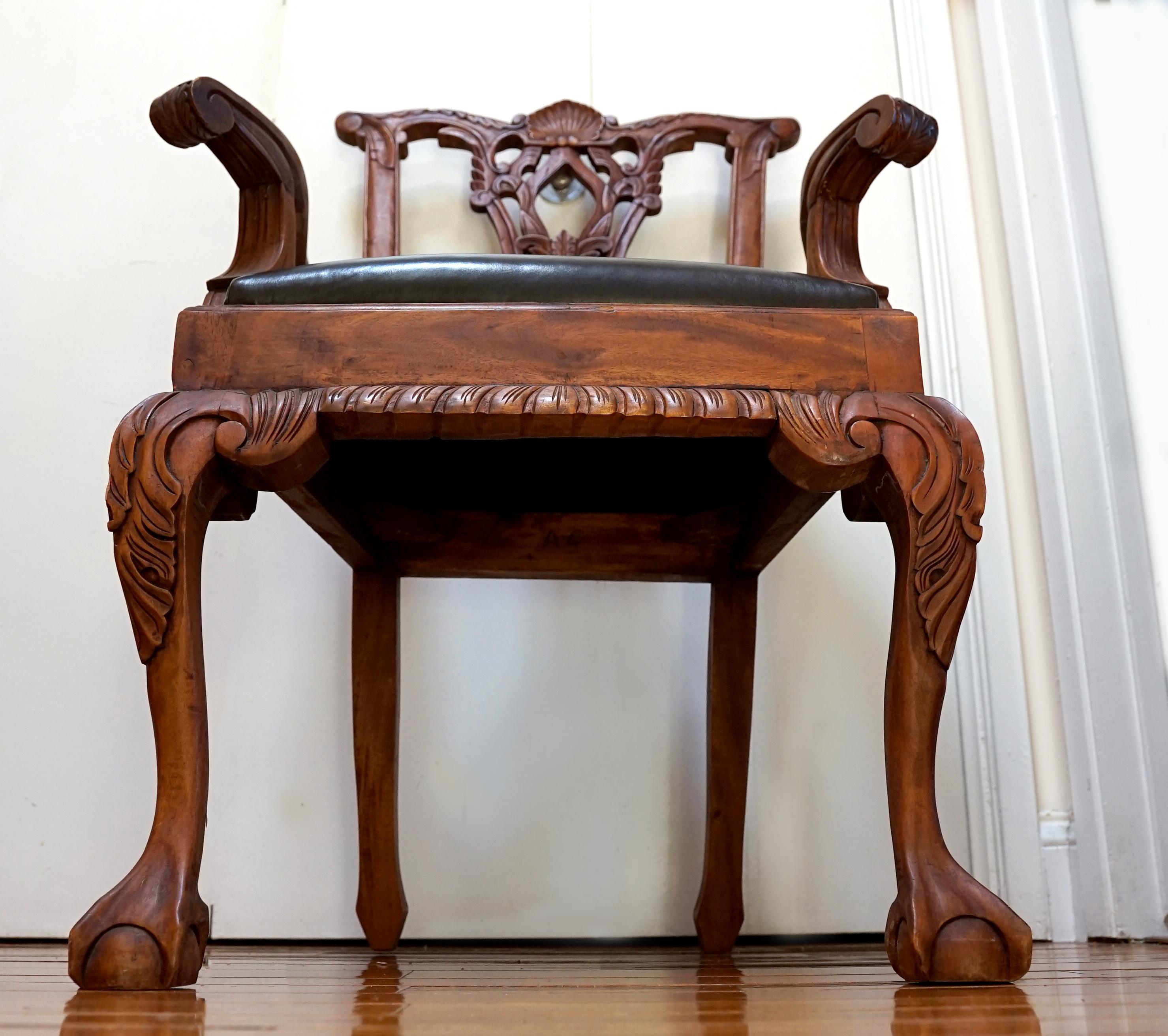 Hand-Carved Leather and Mahogany Hand Carved Chippendale Style Set of George III Armchairs For Sale
