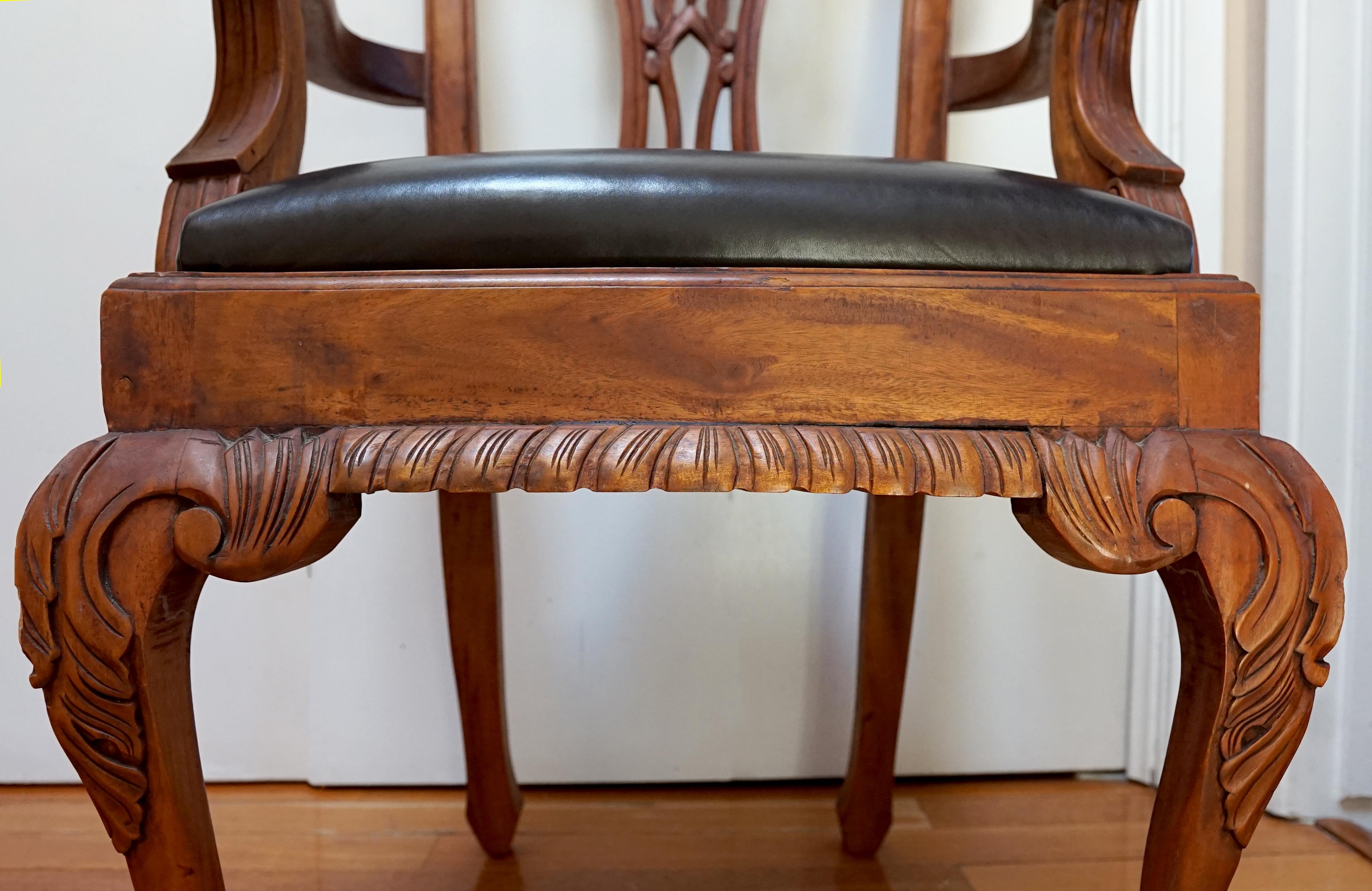 20th Century Leather and Mahogany Hand Carved Chippendale Style Set of George III Armchairs For Sale