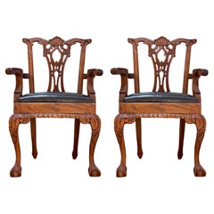 Leather and Mahogany Hand Carved Chippendale Style Set of George III Armchairs