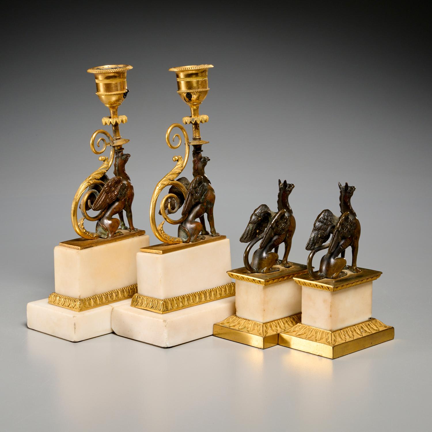 Set of George III of Chambers Style  Bronze Neoclassical  Griffin Candlesticks For Sale 1