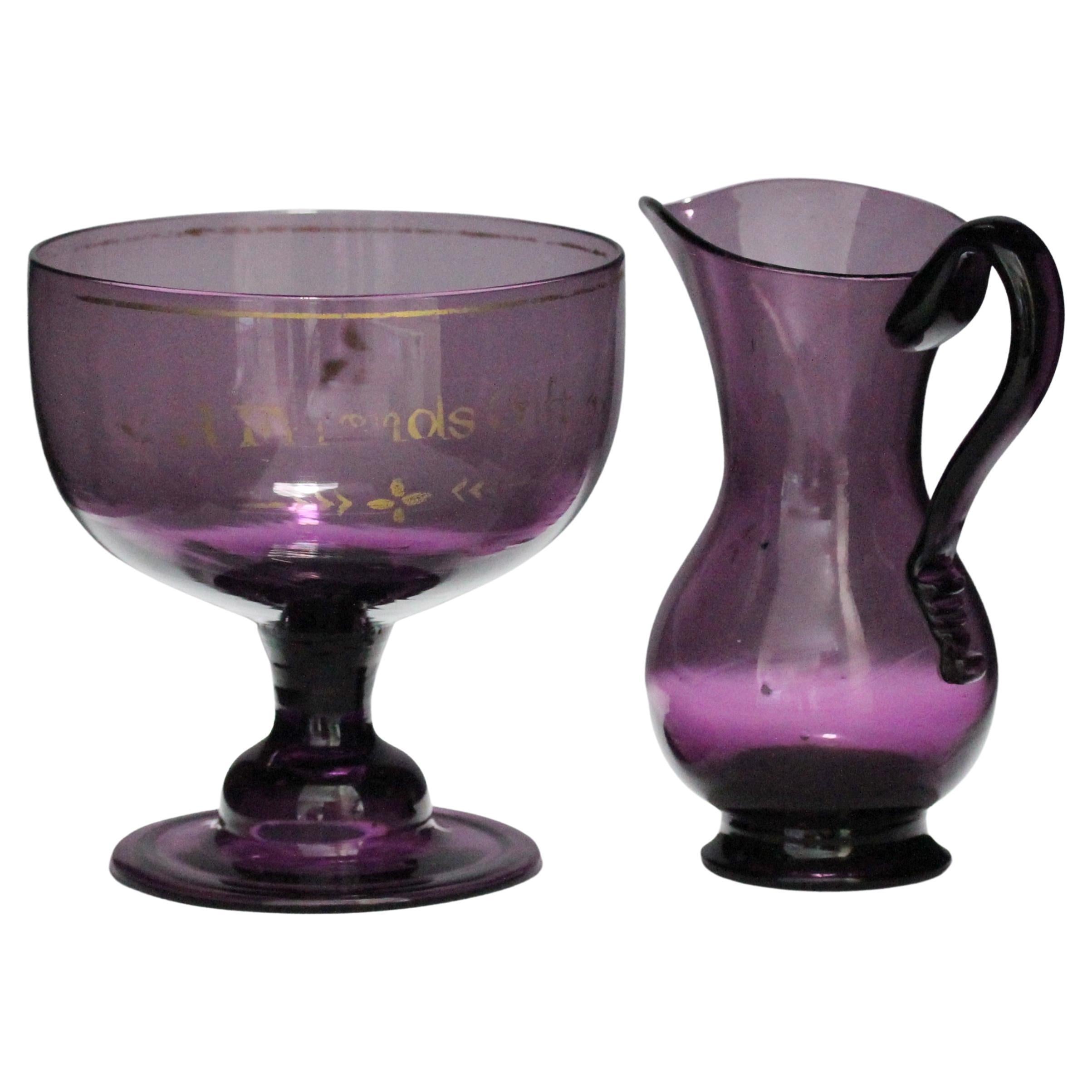 Set of Georgian, Hand-Blown, Gilded, Pale Amethyst Glass Cream Jug and Sugar Bow For Sale