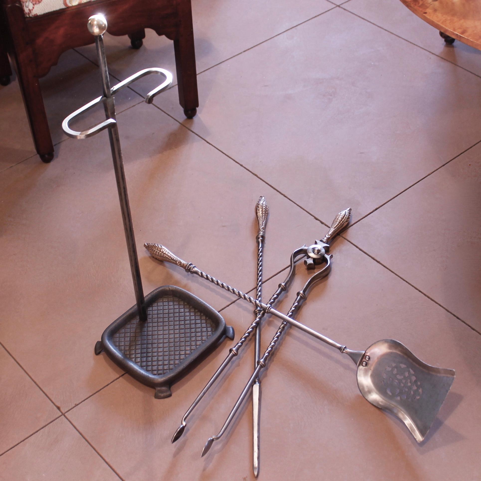 Set Of Georgian Period Polished Steel And Brass Firetools Together With Stand For Sale 4