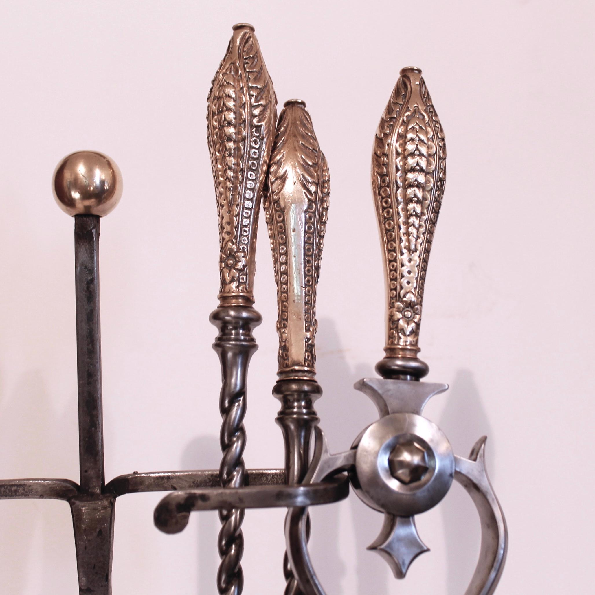 Set Of Georgian Period Polished Steel And Brass Firetools Together With Stand For Sale 1