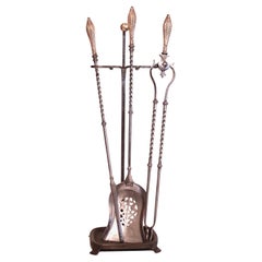 Antique Set Of Georgian Period Polished Steel And Brass Firetools Together With Stand