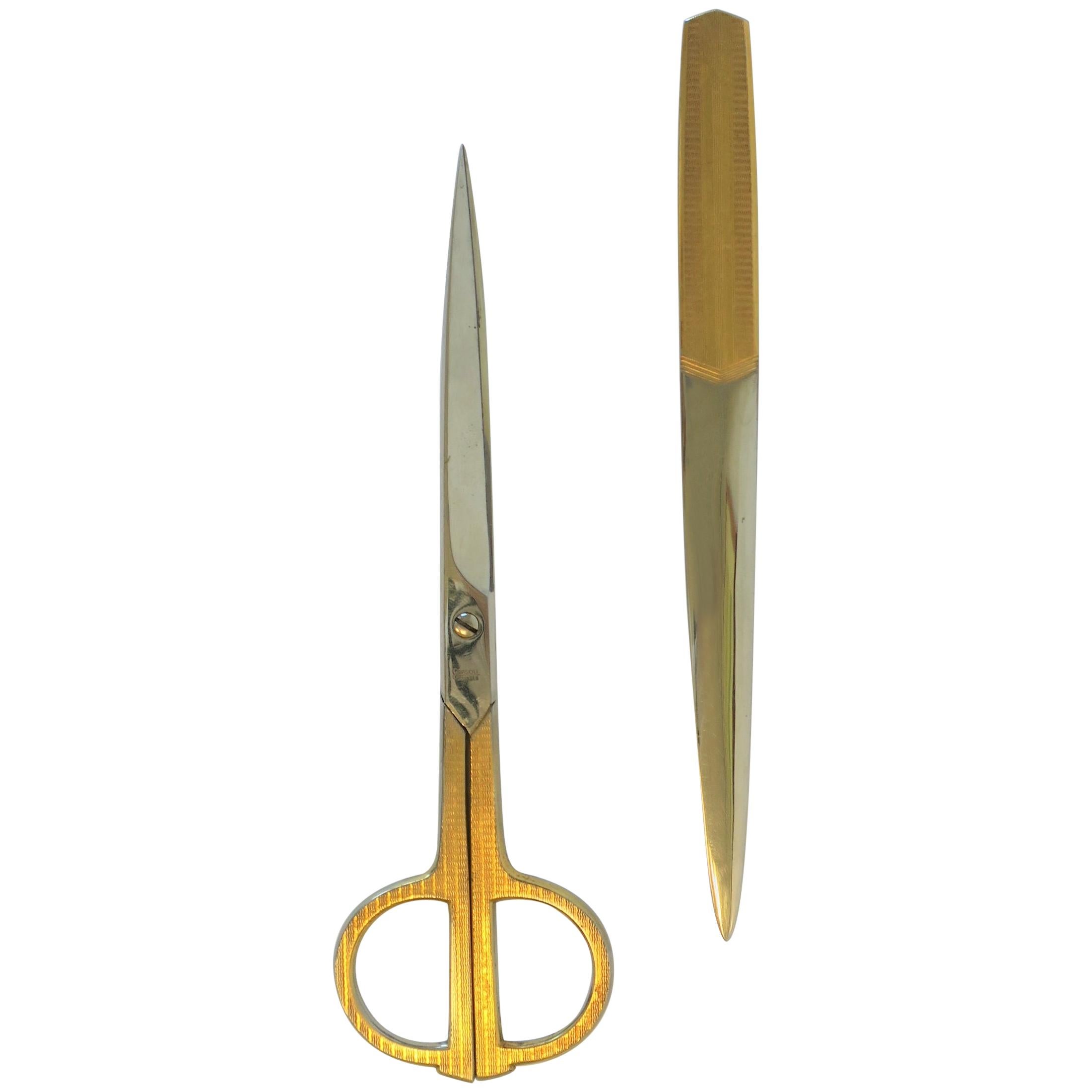Set of German Brass and Stainless Steel Scissors and Letter Opener