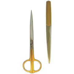 Vintage Set of German Brass and Stainless Steel Scissors and Letter Opener
