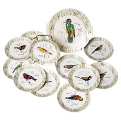 Ensemble d'assiettes à dessert à motif oiseau et faux bois de Gien avec plateau de service