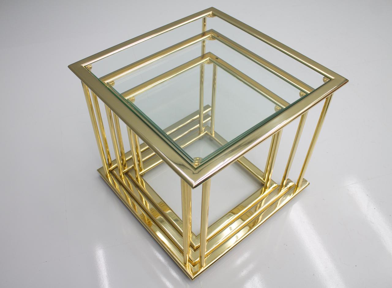 Hollywood Regency Set of Gilded Nesting Tables, Brass and Glass Germany, 1970s For Sale
