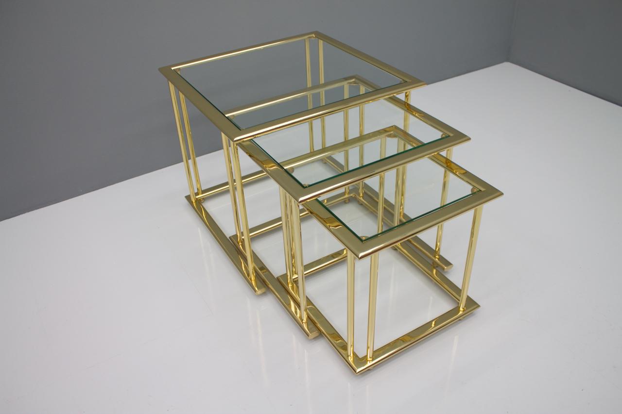 Set of Gilded Nesting Tables, Brass and Glass Germany, 1970s For Sale 2
