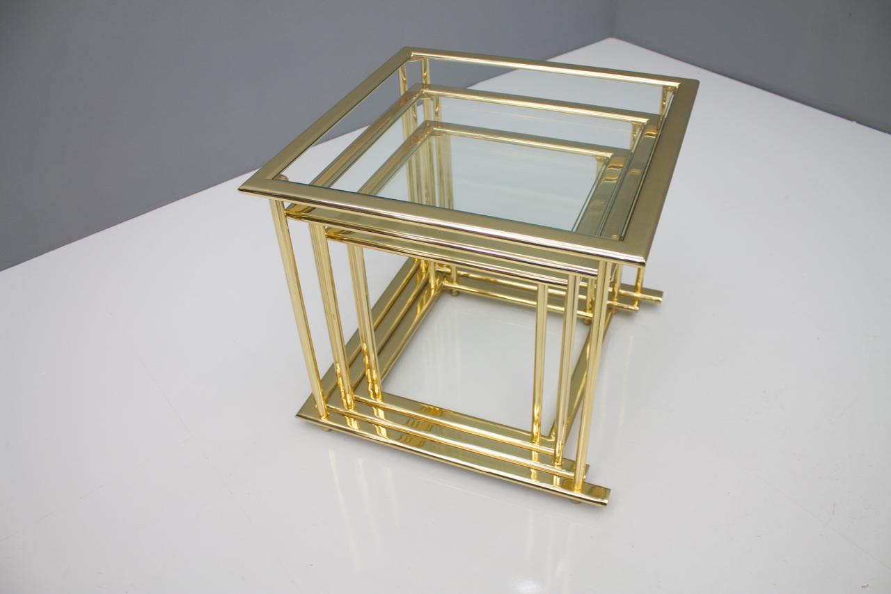 Set of Gilded Nesting Tables, Brass and Glass Germany, 1970s For Sale 3