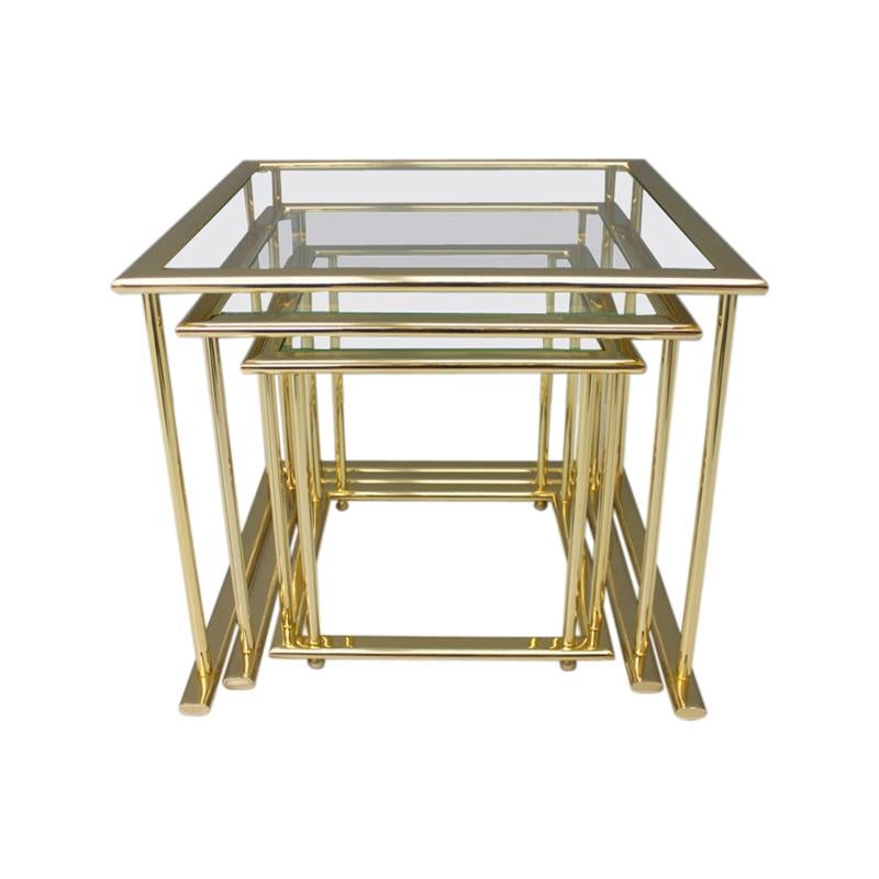 Set of Gilded Nesting Tables, Brass and Glass Germany, 1970s For Sale