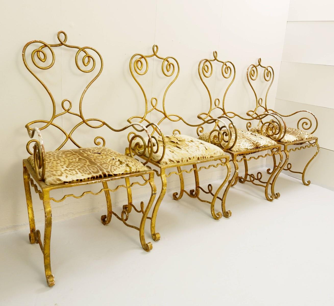 Italian Set of Gilded Wrought Iron Dining Table and 4 Armchairs