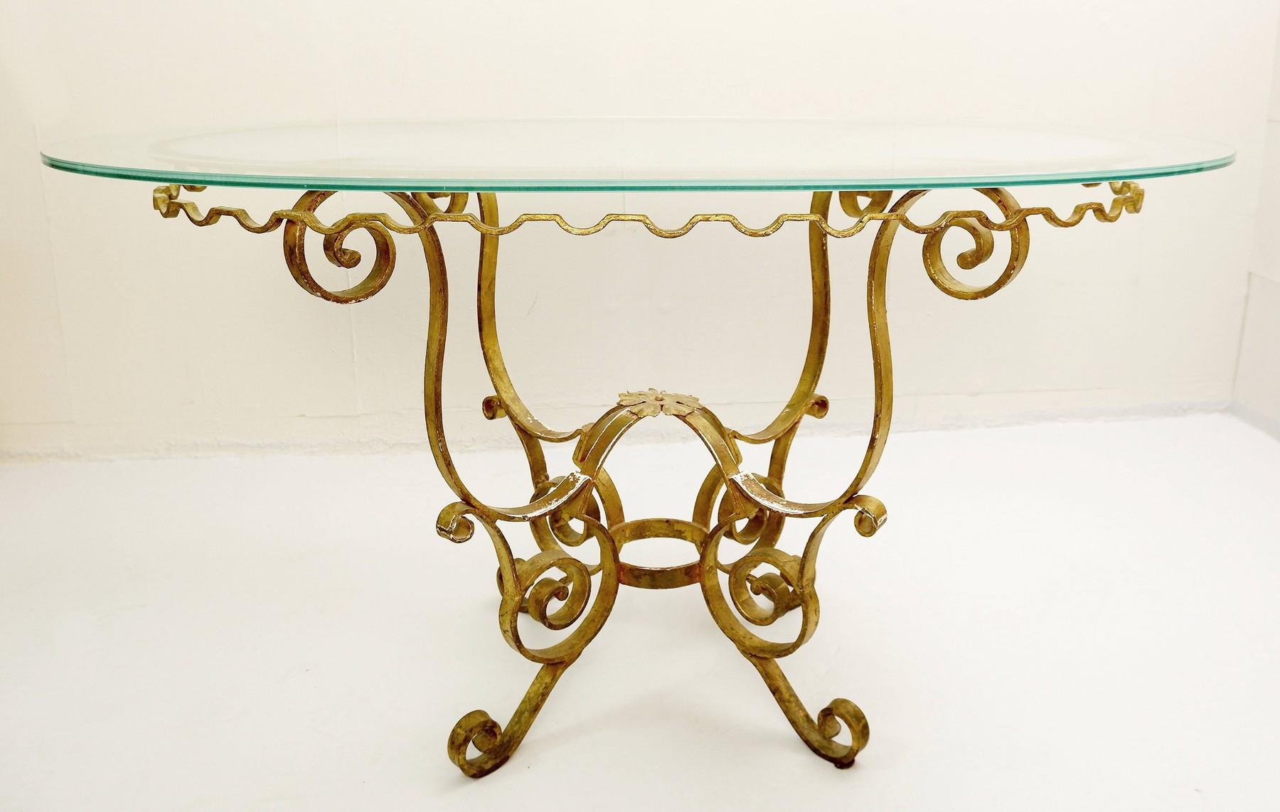 Brass Set of Gilded Wrought Iron Dining Table and 4 Armchairs