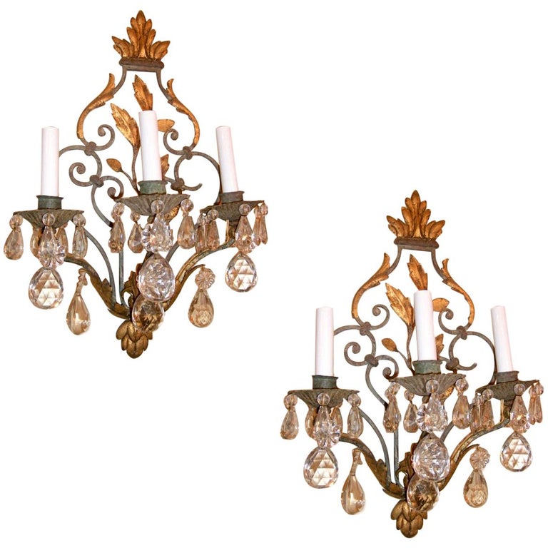 Set of Gilt and Painted Wrought Iron Sconces with Crystals, Sold per ...