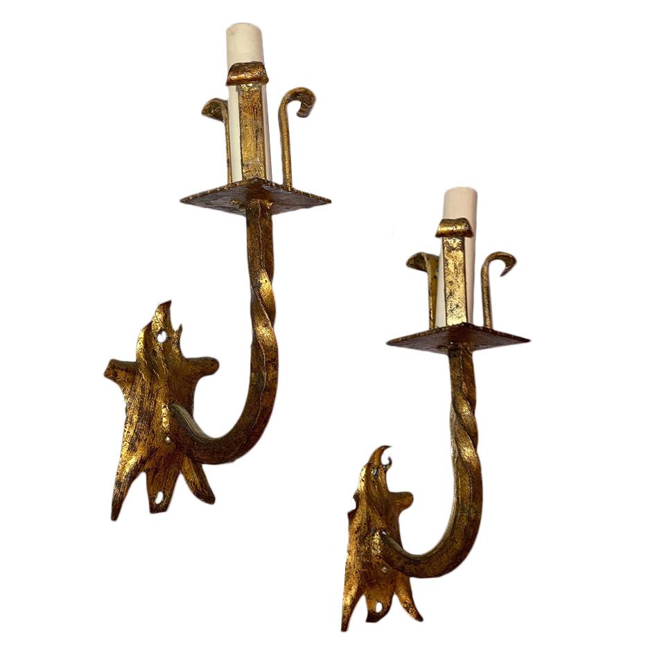 Mid-20th Century Set of Gilt Iron Single Light Sconces, Sold in Pairs For Sale