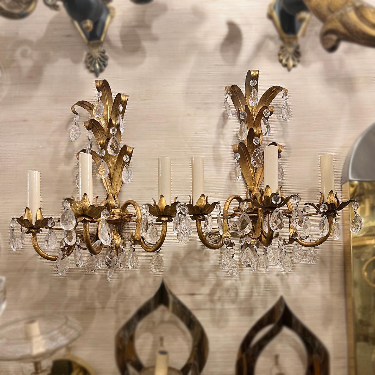 Mid-20th Century Set of Gilt Metal and Crystal Sconces, Sold Per Pair For Sale