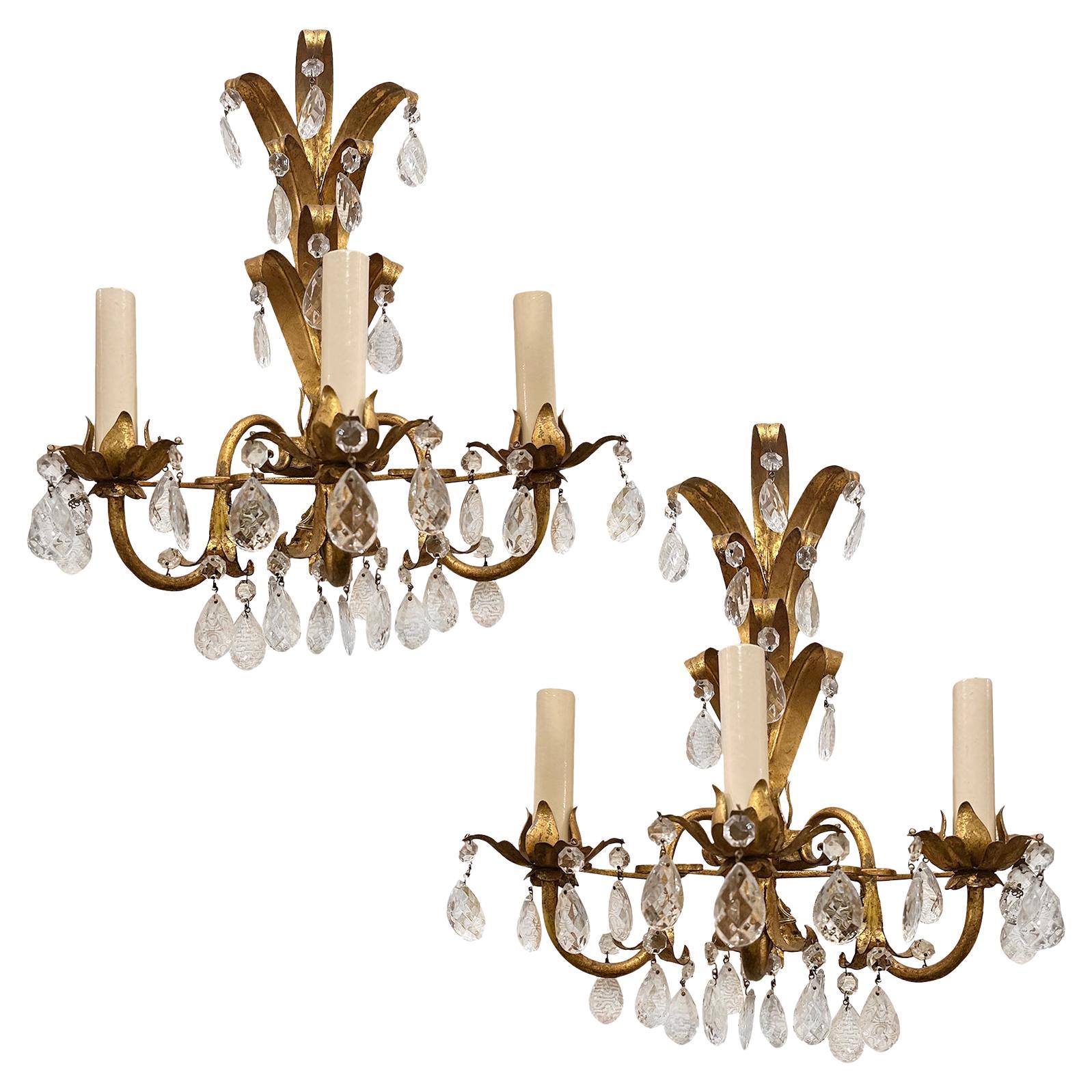 Set of Gilt Metal and Crystal Sconces, Sold Per Pair For Sale