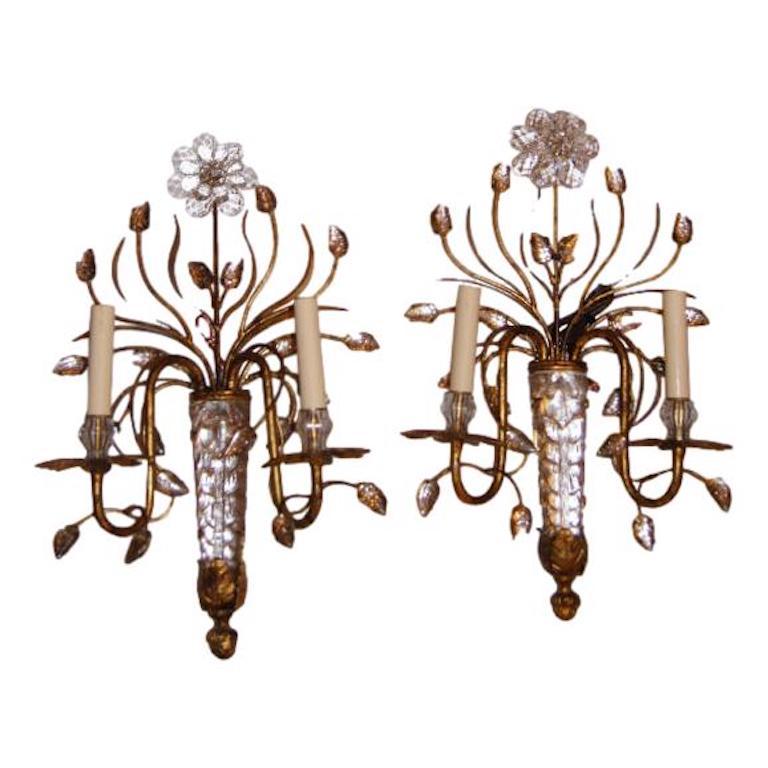 Set of four circa 1930’s French gilt metal and molded glass sconces with glass leaves and flowers and original patina. Sold per pair.

Measurements
Height: 20,5″
Depth: 5.5″
Diameter: 12″