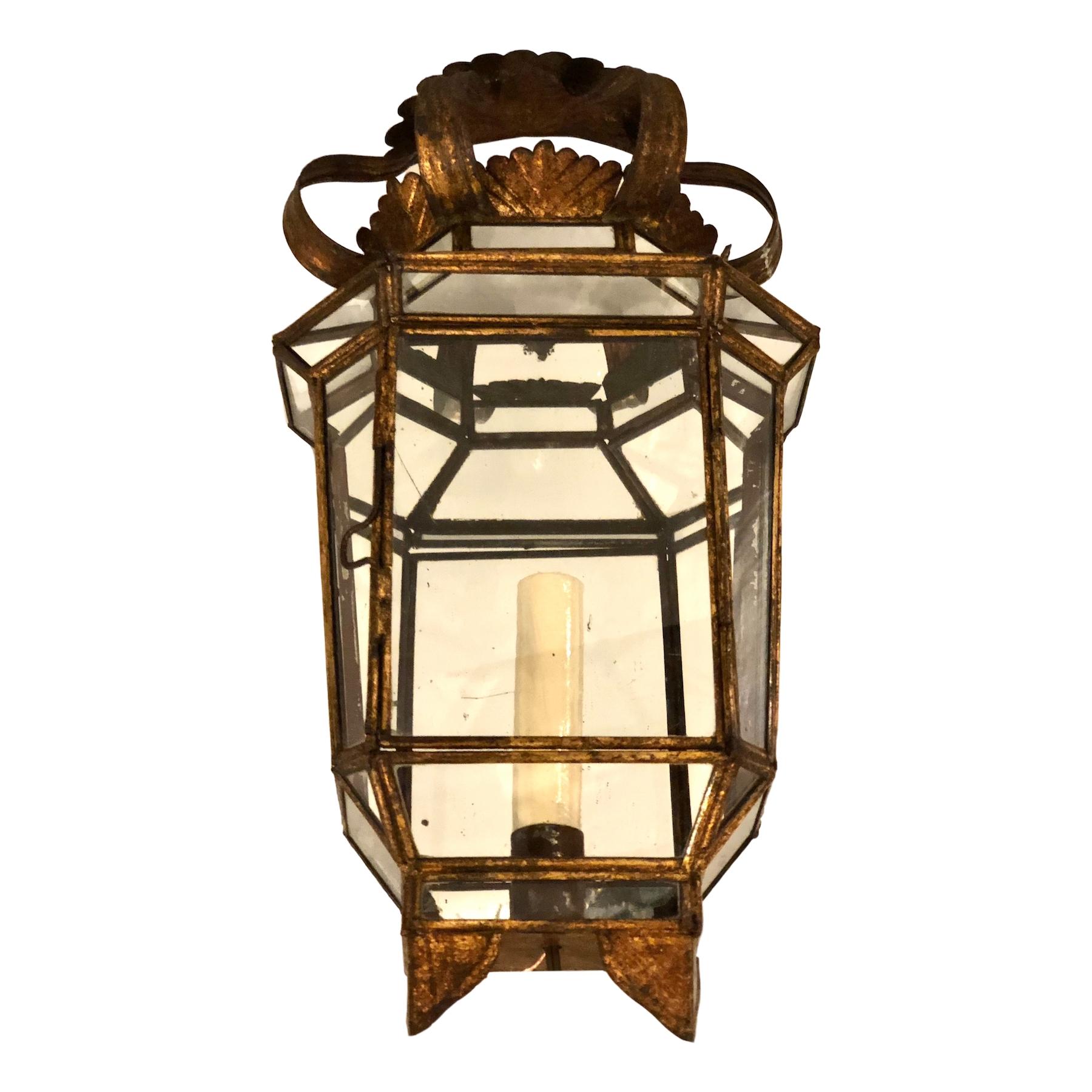 French Set of Gilt Metal Lantern Sconces with Mirrored Back, Sold in Pairs For Sale
