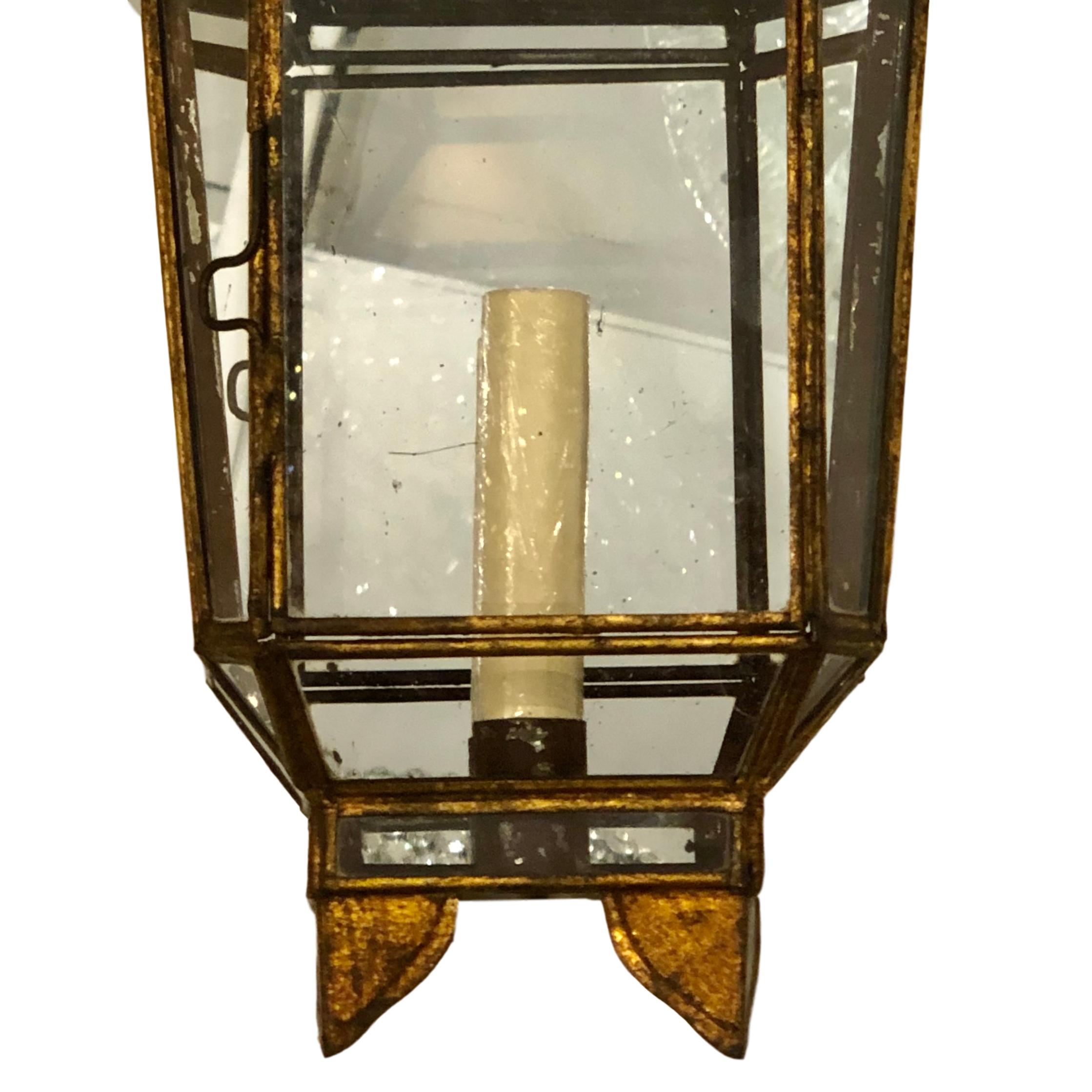 Set of Gilt Metal Lantern Sconces with Mirrored Back, Sold in Pairs In Good Condition For Sale In New York, NY