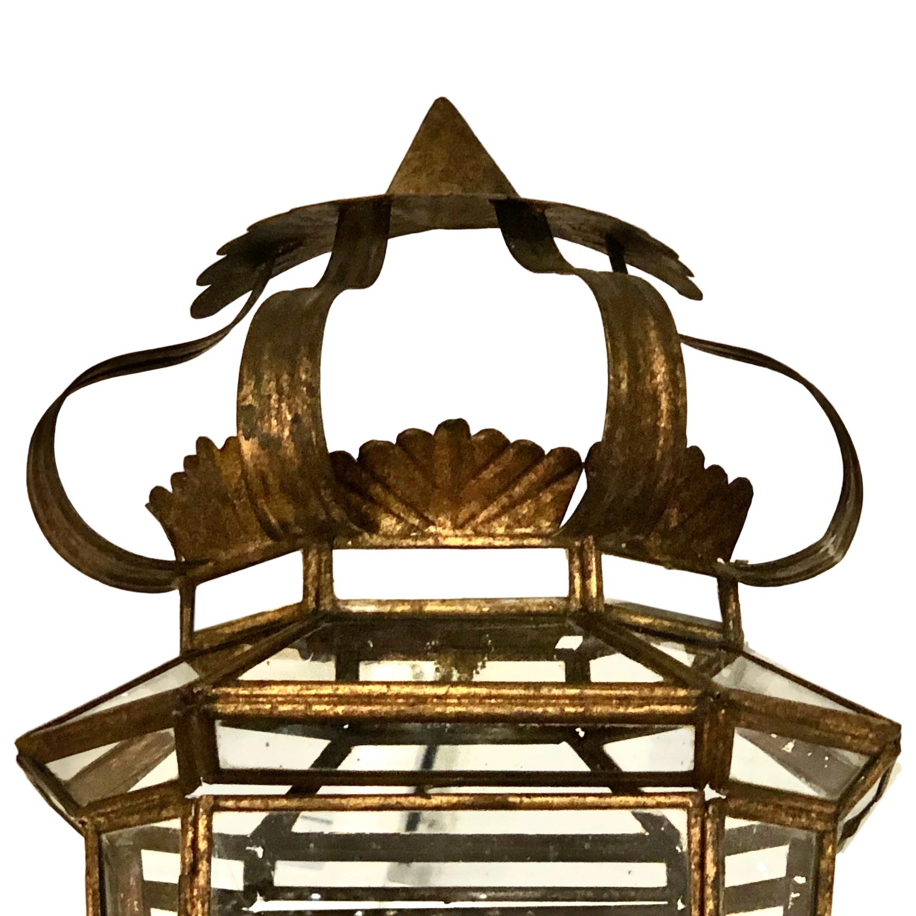 Mid-20th Century Set of Gilt Metal Lantern Sconces with Mirrored Back, Sold in Pairs For Sale