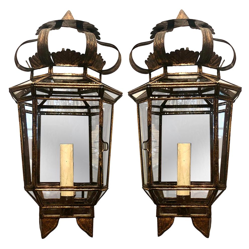 Set of Gilt Metal Lantern Sconces with Mirrored Back, Sold in Pairs