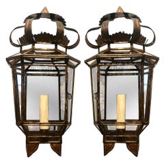 Vintage Set of Gilt Metal Lantern Sconces with Mirrored Back, Sold in Pairs