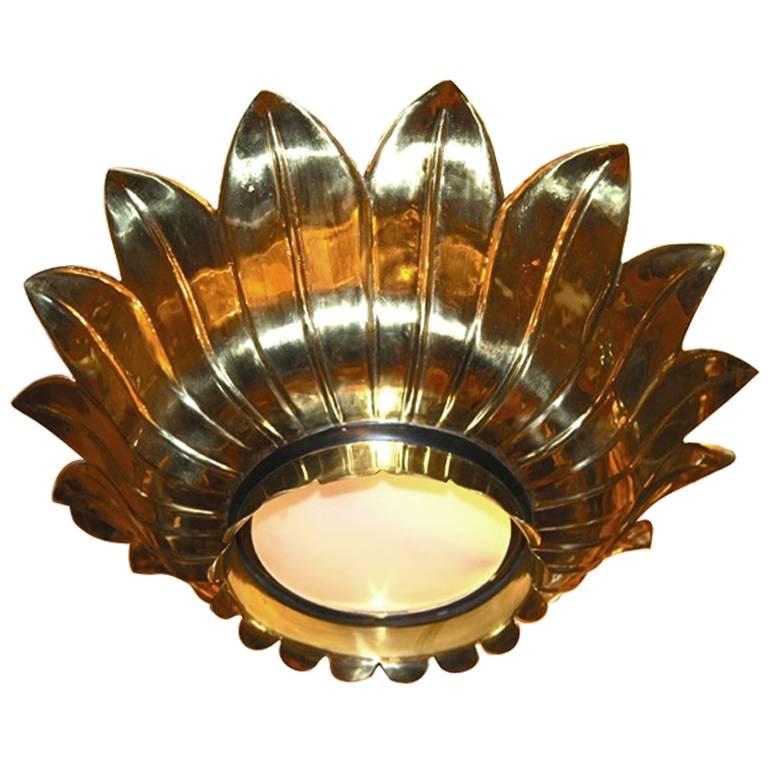 Mid-20th Century Gilt Metal Light Fixture with Inset Glass For Sale