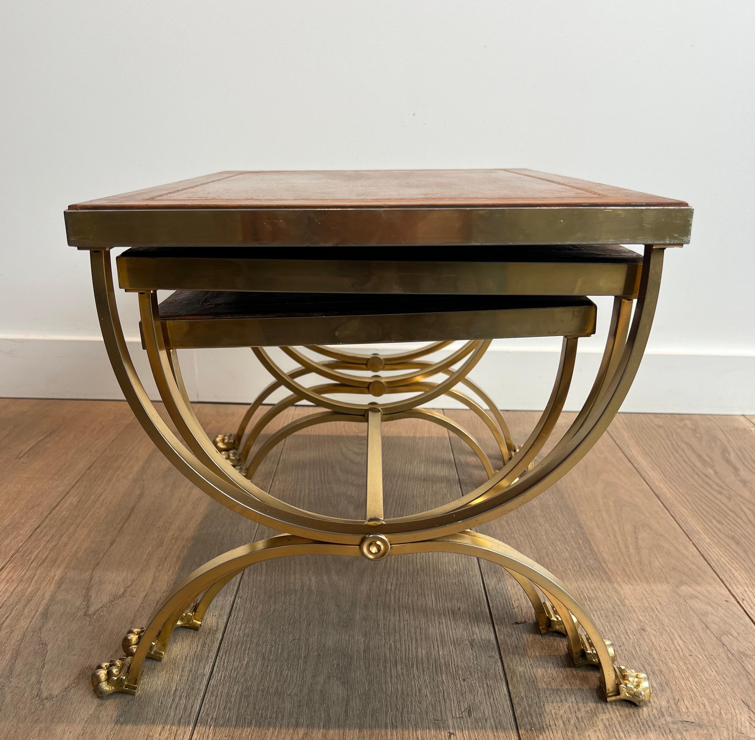 Set of Gilt Metal Nesting Tables with Claw Feet & Leather Tops by Maison Jansen For Sale 4